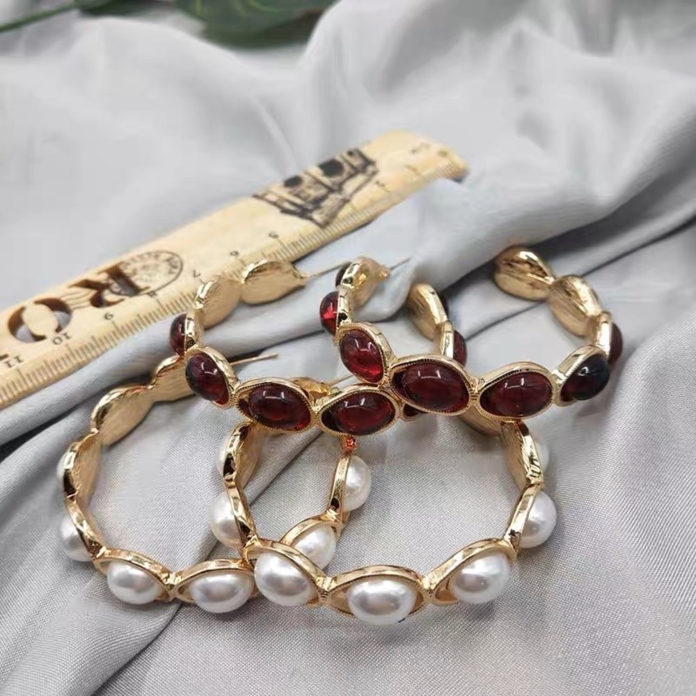 Gold hoop Red gem earring